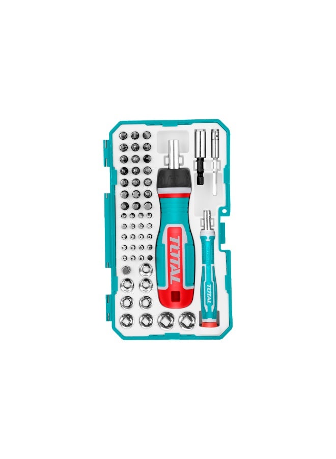 توتال طقم رؤوس مفكات من توتال مكوّن من ٥٥ قطعة مع مقبض بآلية تعشيق، يضم رؤوسًا دقيقة ومجموعة مقابس وحوامل للرؤوس، ومرفق بعلبة تخزين بلاستيكية - Image 1